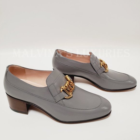 GUCCI SHOES EBAL GRAY LEATHER HORSEBIT CHAIN LOAFERS ICE LOLLY sz 37 7 US - Picture 4 of 15